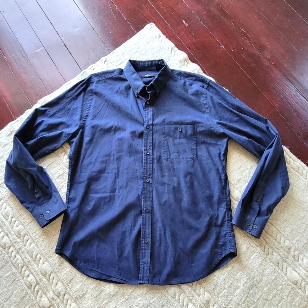 7 For All Mankind Mens Cotton Button Down Dress Shirt size Large Navy Blue